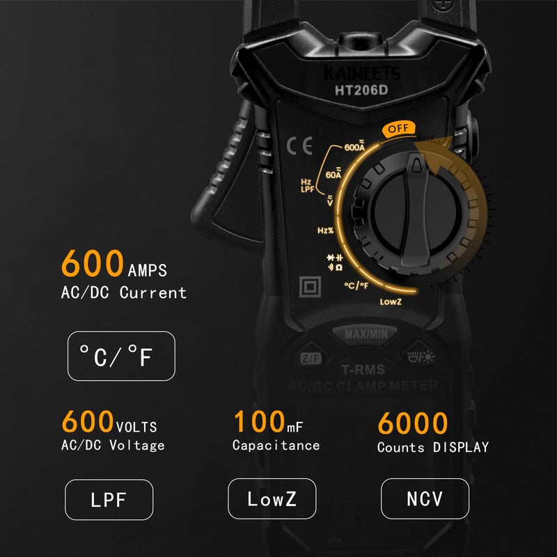 KAIWEETS HT206D Digital Clamp Meter T-RMS 6000 Counts, Multimeter Voltage Tester Auto-ranging, Measures Current Voltage Temperature Capacitance Resistance Diodes Continuity Duty-Cycle (AC/DC Current) - Image 2